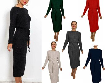 Ladies Women Cable Knit Rop Tie Up Jumper Pocket knitted Midi Party Jumper Dress UK One Size Fit UK 8-14