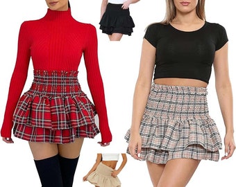 Ladies Frill Mini RARA Skirt Women's Tartan Check Pleat Gathering Mini Party Skirt UK Size 8-14