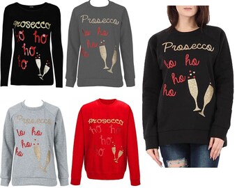 Ladies Christmas Xmas Casual Novelty Prosecco HO HO Ho Jumper Sweatshirt UK 8-14