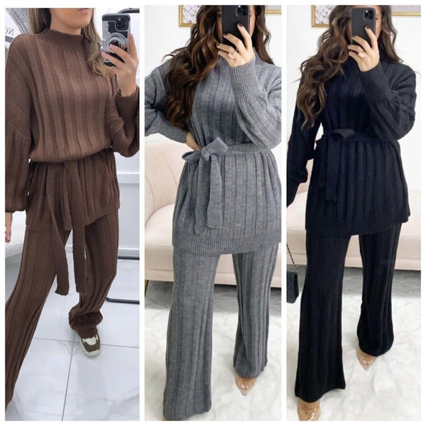Women Ladies High Neck Belted Knitted Two Piece Set Lounge Wear 2Pcs Tracksuits UK Size 8-14