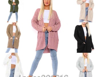 Ladies Cable Knitted Long sleeves All Over 2 Pockets Open Style Slouchy Cardigan UK Size 8-14
