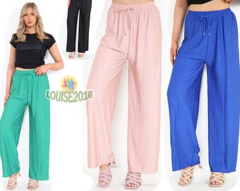 Ladies Women Wide Leg Palazzo Trouser Crinkle Flared Summer Lounge Holiday Beach UK Size 8-22