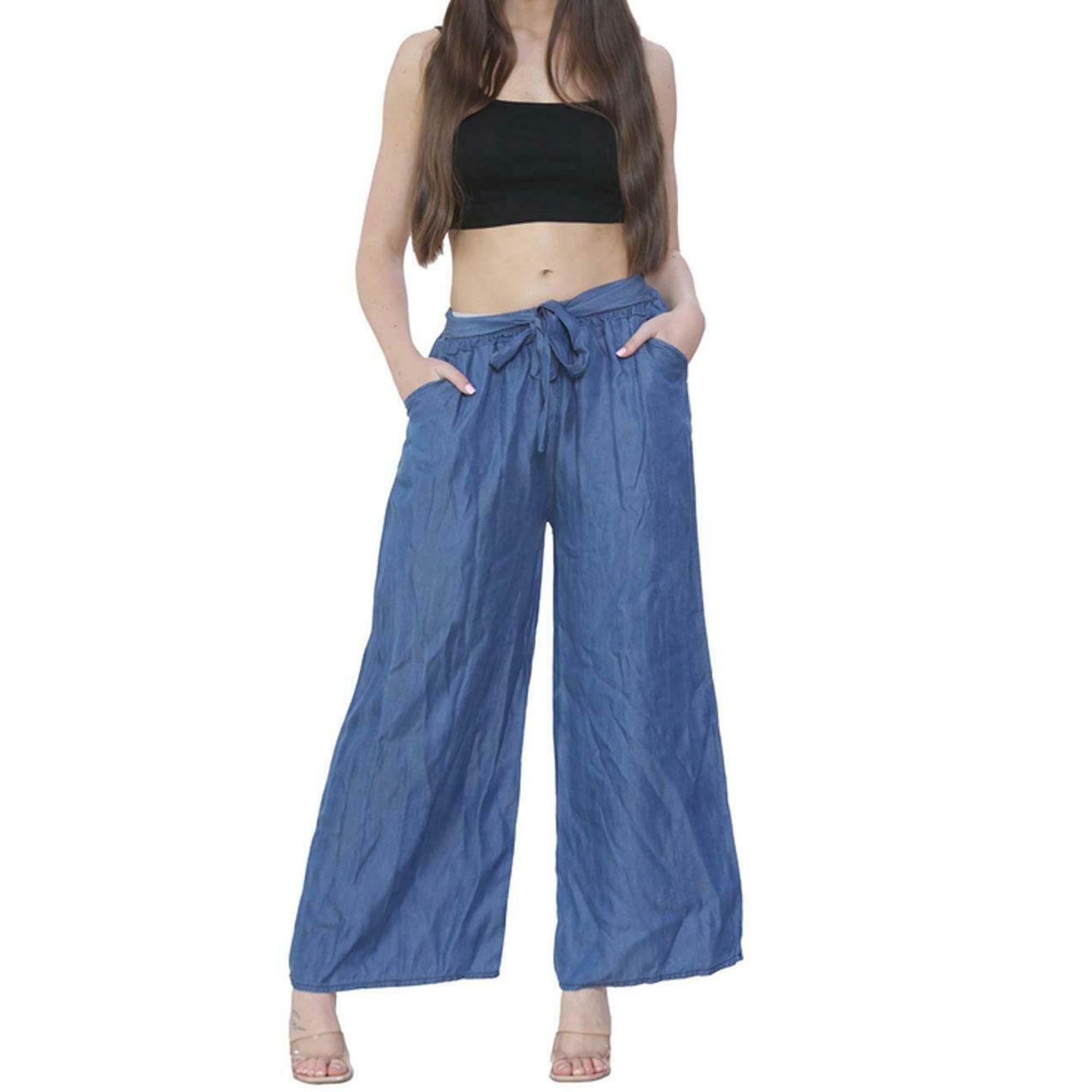 Hengshikeji Womens Jeans DEPO Elasticity Palazzo Pants Casual Loose Denim Pants Wide Leg Pants High Waist Trousers Blue 