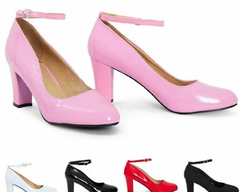 Women's Men's Drag Queen Buckle Ankle Strap Mid Block Heel Shoes Plus Sizes 9-12