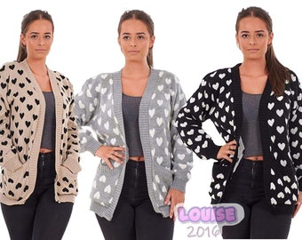 New Women's Knitted Heart Printed Cardigan With Pockets Long Sleeve Ladies Top UK Size 8-22