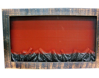 Dekorativer Kamin, Schreibtisch und Wandfeuer. Dekorative Flamme, leichter Schreibtischkamin, Kaminbild, Büro- und Wohnmöbel, Kamin in Holzoptik