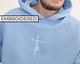 Faith Hoodie Christian Sweatshirts For Men Embroidered Jesus Cross Sweater Christian Gifts Husband Faith-Based Clothing Religious Apparel