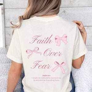 Faith Over Fear Christian Coquette Shirt Preppy Pink Bow Bible Verse TShirt Pink Ribbon Coquette Top Teenage Girl Gifts Jesus Apparel