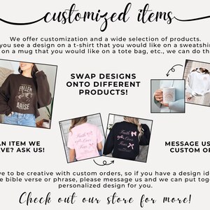 May include: A graphic design shop offers custom apparel and accessories. The image shows a variety of products, including tote bags, sweatshirts, mugs, and t-shirts. The text on the image reads "Swap designs onto different products!" and "Message us for a custom order!"