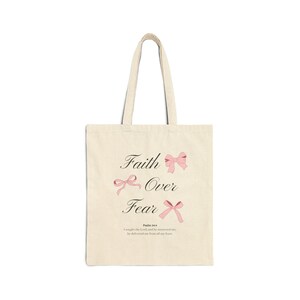 Faith Over Fear Christian Tote Bags Coquette Bow Bible Verse Shoulder Bag Ribbon Canvas Tote Bag Womens Reusable Shopping Handbag Jesus Gift image 4