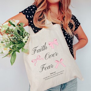 Faith Over Fear Christian Tote Bags Coquette Bow Bible Verse Shoulder Bag Ribbon Canvas Tote Bag Womens Reusable Shopping Handbag Jesus Gift image 2