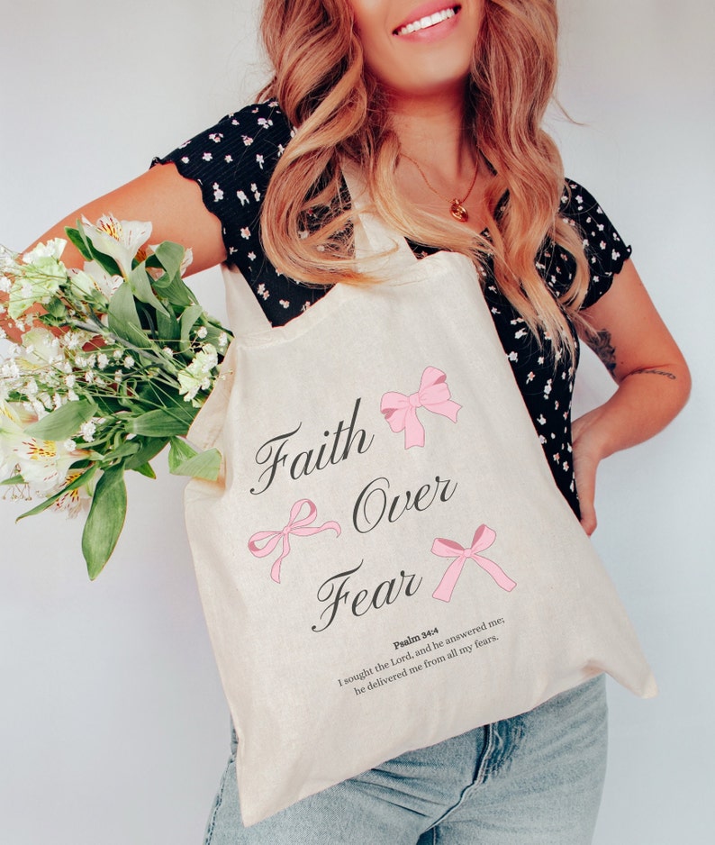 Faith Over Fear Christian Tote Bags Coquette Bow Bible Verse Shoulder Bag Ribbon Canvas Tote Bag Womens Reusable Shopping Handbag Jesus Gift image 2