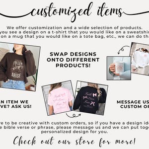 May include: A graphic design shop offers custom apparel and accessories. The image shows a variety of products, including tote bags, sweatshirts, mugs, and t-shirts. The text on the image reads "Swap designs onto different products!" and "Message us for a custom order!"