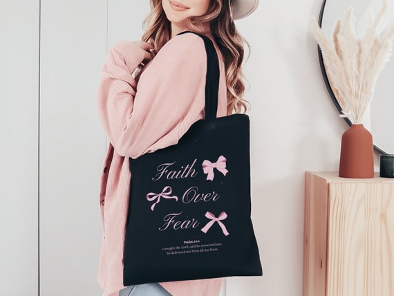 Faith Over Fear Christian Tote Bags Coquette Bow Bible Verse Shoulder Bag Ribbon Canvas Tote Bag Womens Reusable Shopping Handbag Jesus Gift