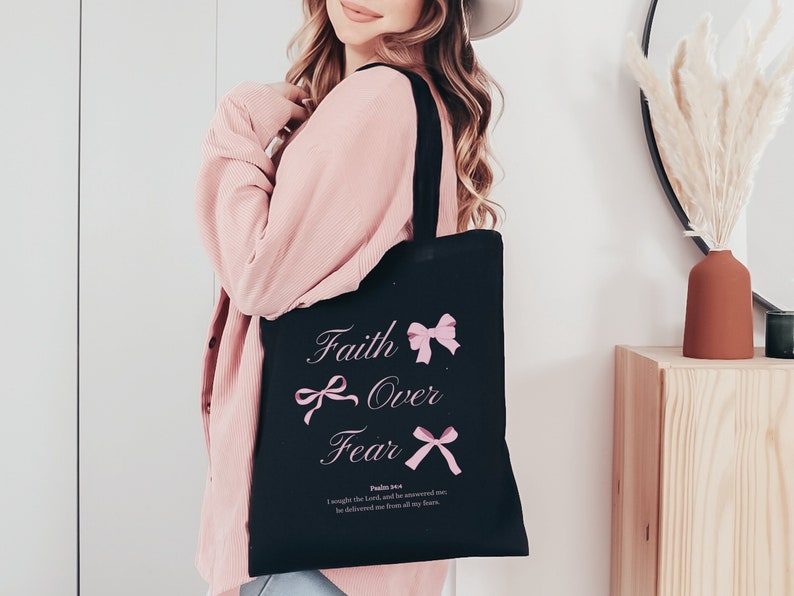Faith Over Fear Christian Tote Bags Coquette Bow Bible Verse Shoulder Bag Ribbon Canvas Tote Bag Womens Reusable Shopping Handbag Jesus Gift image 1