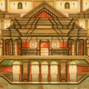 May include: A watercolour painting of a multi-level building with a symmetrical design. The building has a red brick facade, a green roof, and multiple arches. The building is illuminated by soft, warm light.