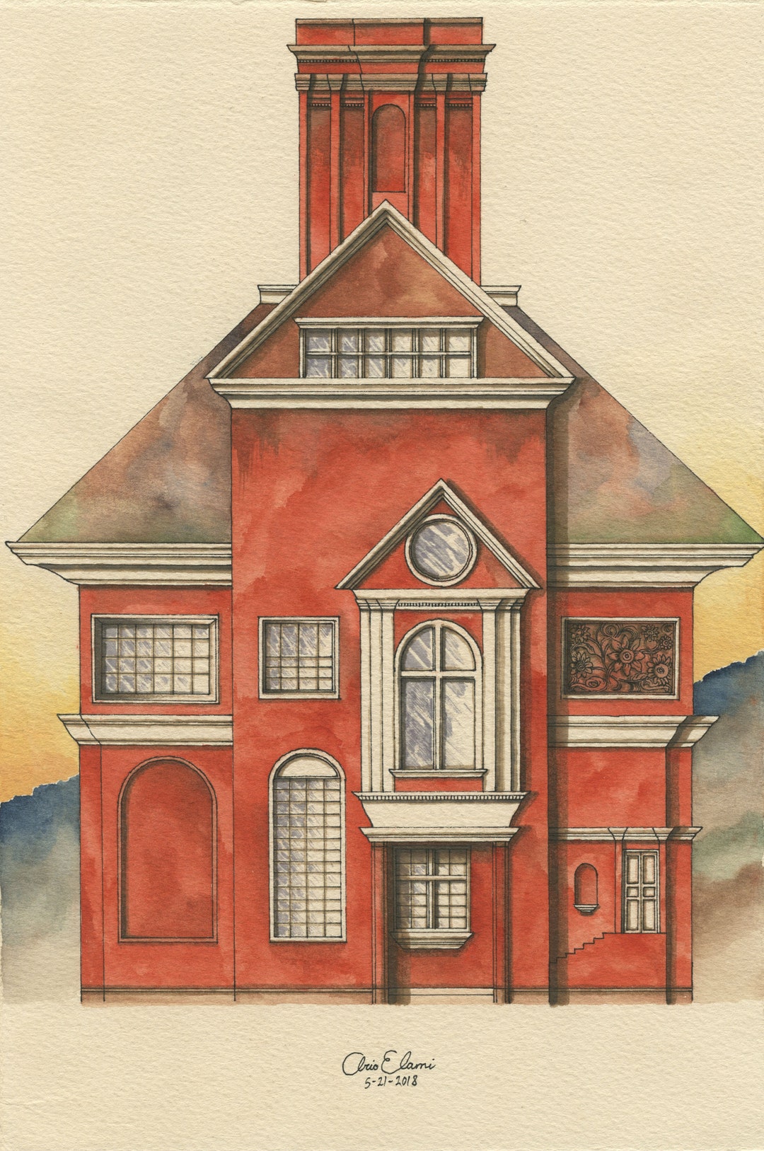 Framed Drawing/watercolor of Queen Anne House With Chimney, Gable, and Oriel Window, Based on ...