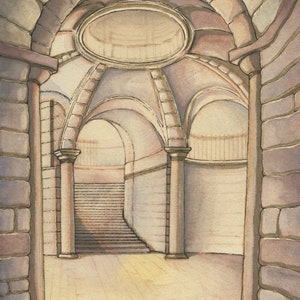 May include: A watercolor painting of a stone archway leading into a vaulted room with a staircase. The room has a domed ceiling and is lit by a round skylight.