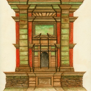 Framed Drawing/Watercolor of Imaginary Classical Temple with Arched Entrance, Giant Columns, and Bedrock Base / Fantasy Architecture