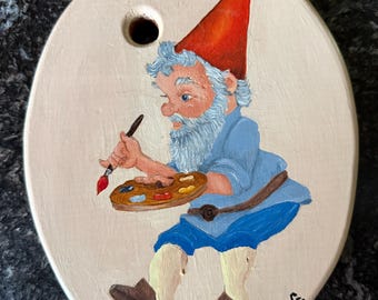 Original Hand Painted Artist Gnome on Vintage Wooden Palette Signed D.G. Whimsical Folk Art One of a Kind Painter Gnome
