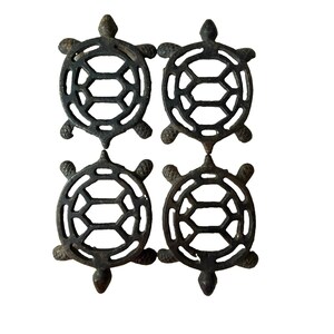 Lot of 4 VTG Cast Iron Turtle Trivets Hexagon Shell Design Kitchen Decor