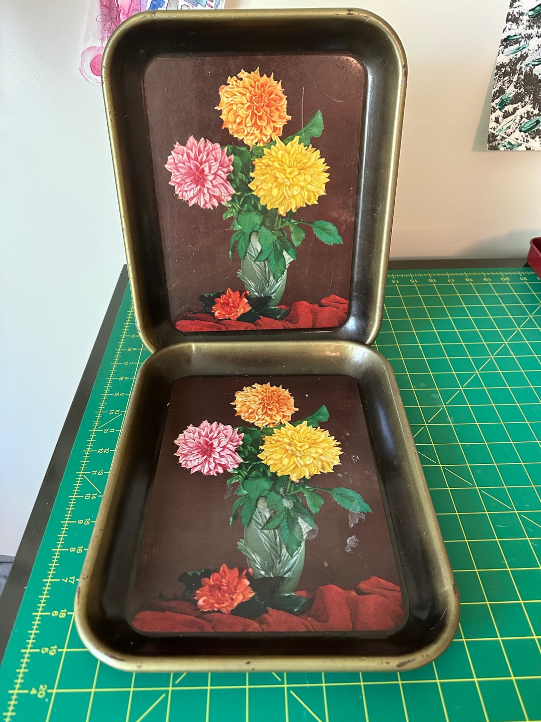 Vintage Floral Metal Snack Trays Etsy