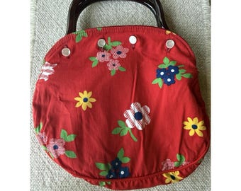 VTG De'Lanthe Bermuda Bag Red Floral Snap Cover Tortoise Lucite Handles