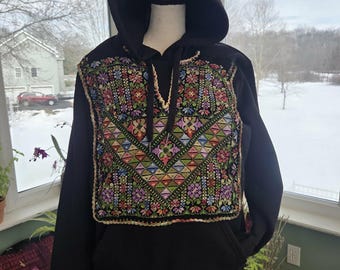 Hand-Embroidered Tatreez Hoodie: Reclaimed Palestinian Thobe