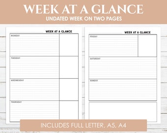 Printable Week at a Glance - Undated Planner Pages - Letter/A5/A4