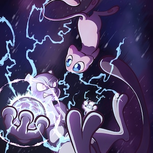 Mew and Mewtwo Art Print (15.5 x 10 Satin Art Print)