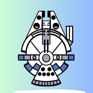 May include: A vector illustration of the Millennium Falcon starship, featuring a white and gray color scheme with black outlines and blue accents. The image includes the text "SVG JPG PNG" at the bottom, set against a gradient background.