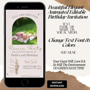 エレガントなピクニック誕生日招待状 - ビデオ招待状 - 誕生日招待状 - 即時ダウンロード - Canva テンプレート - ピクニック デジタル テンプレート