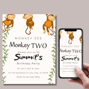 Editable Monkey See Monkey TWO Birthday Party Invitation Jungle Party Evite  2nd Birthday Party Instant Download Monkey Invitation Unisex