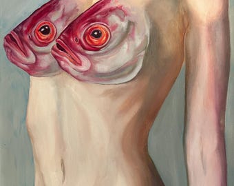 Surreal Fish Wall Art, Canvas Art Print, Original Figurative Artwork, Dreamlike Home Decor, 8.5×11