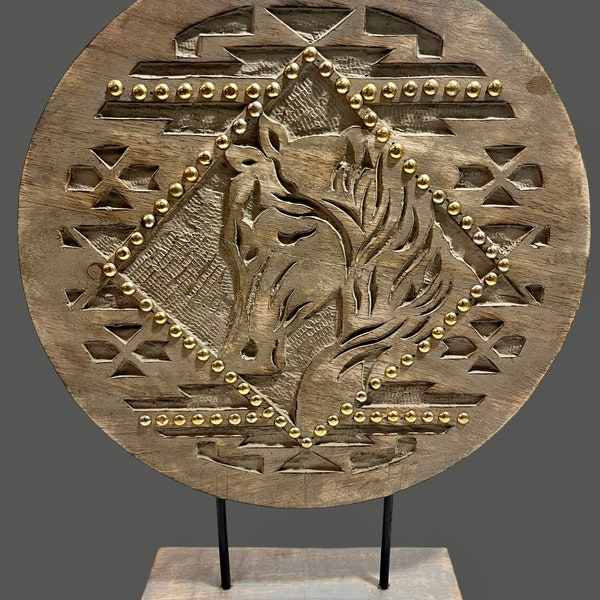 Natural Finely Carved Cutwork Wooden Tabletop with Brass Medallions, Artistic and Expressive Design, Home Decor, Decorating and Gifting Idea