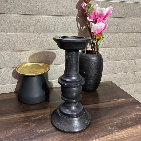 Black Vintage Wooden Candle Holder, Artistic and Antique Candle Stand, Rustic Elegance, Home Decor, Gifting Idea, Centerpiece
