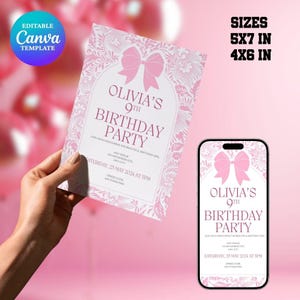 Pink Bow Invitation Coquette Birthday Girl Invite Editable & Printable Invitation Template Digital Download for Girl Birthday Party Invite