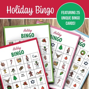 May include: Holiday Bingo game cards with festive illustrations. The cards feature holiday-themed images like a Christmas tree, dreidel, and snowman. The text on the cards reads "Holiday Bingo" and "Featuring 25 Unique Bingo Cards!"