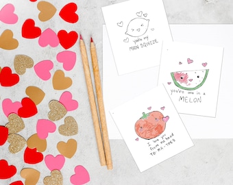 Printable Set of Cards- Color-In Fruit and Vegetable Puns- Valentine's, Coloring, Garden, Friendship