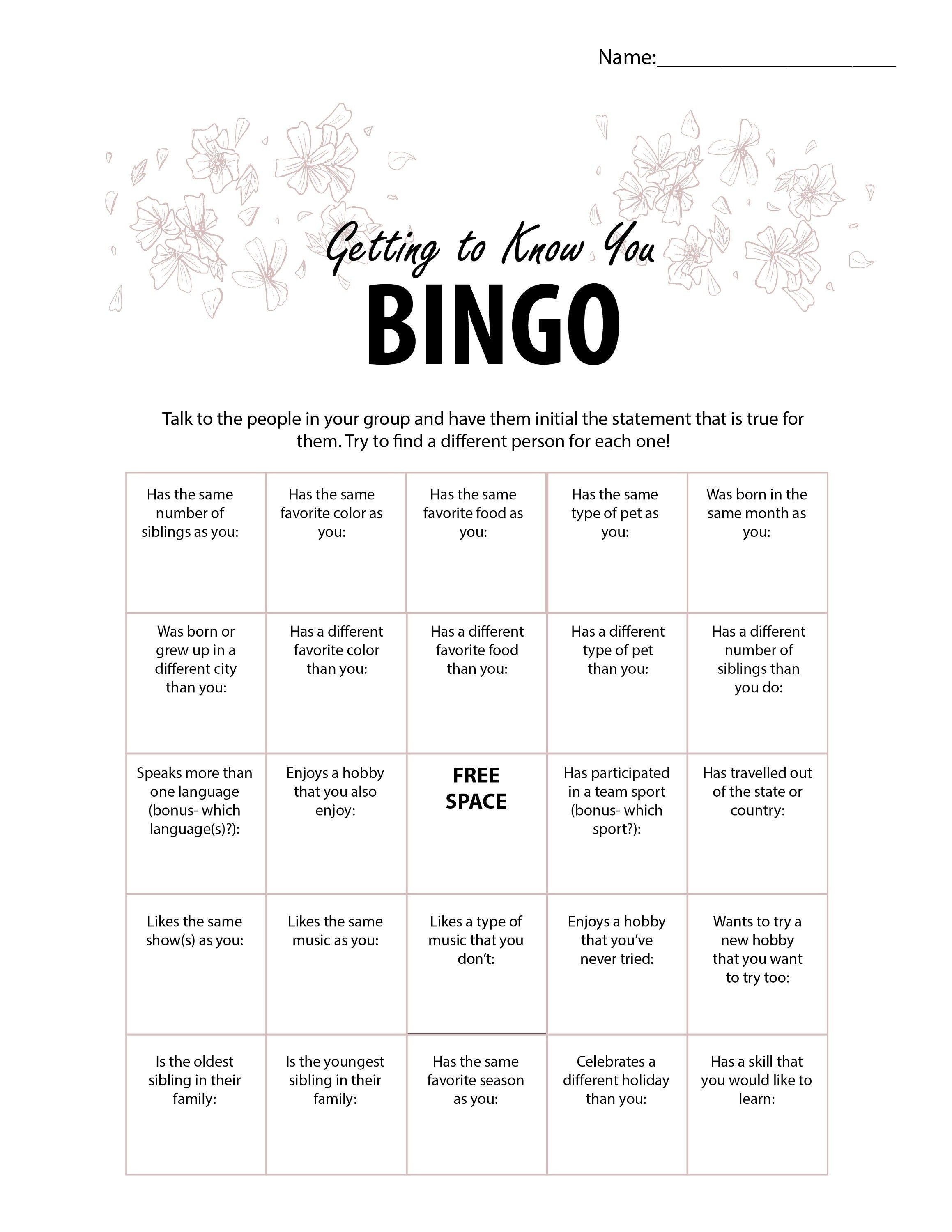 Printable Party Game Icebreaker Bingo Floral Theme Instant - Etsy