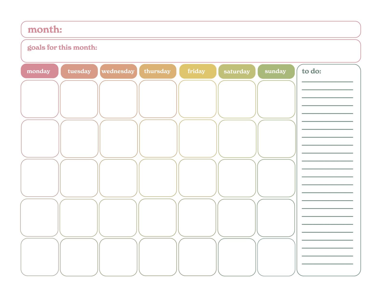 Printable Blank Calendar Rainbow Instant Download - Etsy