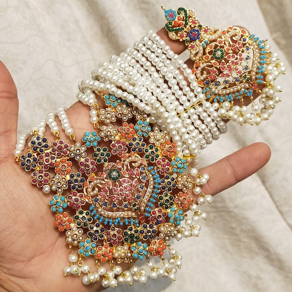 Ensemble de longs mala Nauratan Hyderabadi / Bijoux de mariée indiens pakistanais Shaadi de mariage / Inspiré de Sabyasachi