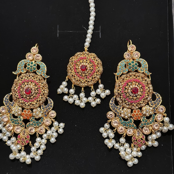 Nauratan Heavy Earring Teeka Set / Indian Pakistani Bridal Shaadi Wedding / Sabyasachi Bollywood/ Muslim Halal Fashion Islamic