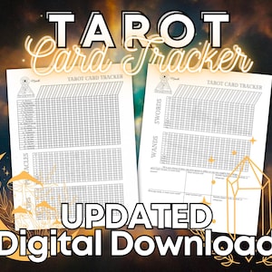 May include: A printable tarot card tracker with a black and white grid design. The tracker is divided into four sections: Wands, Swords, Cups, and Pentacles. The text "Tarot Card Tracker" is printed at the top of the page.