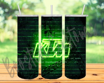 May include: Three stainless steel tumblers with a green brick wall design and neon green "KZ" lettering.