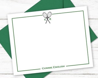 Monogrammed Stationary Set | Tennis Racket Notecards | Flat Personalized Stationery Note Cards | Womens Mens Tennis Player Gift | M135-2