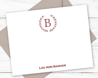 Laurel Branch Wreath Monogram Stationary | Personalized Note Card Set | Personalized Stationery Cards | Professional Notecards | M106