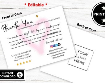 PRINTABLE EDITABLE Thank You For Your Purchase Insert Cards for Business | Business Logo Thank You with Coupon Insert | Small Business |T527