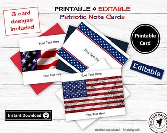 3 Printable & Editable Flag Cards, Patriotic Note Cards, Digital Download, Greeting Card Printables, Cut to Note Card 4 1/4" x 5 1/2" size