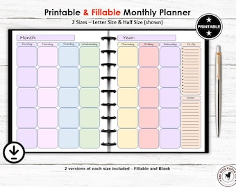 PRINTABLE & FILLABLE Monthly Planner, Colorful Monthly Planner Page Insert, Half Size and Letter Size, Pastel Planner, Monthly Calendar